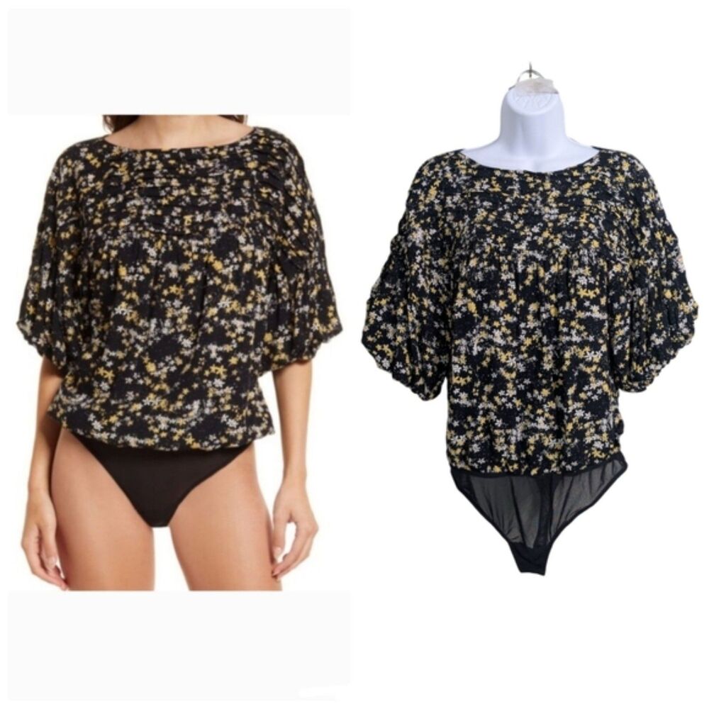Free People Intimately Dessa Bodysuit Sz S Black Floral Puff Sleeve Lace-Up Back